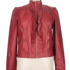 Good Condition Red Women's Ruffled Zip-Front Faux Leather Jacket XL